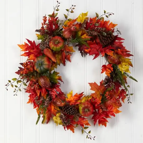32" Maple Leaf, Pumpkin & Berries Artificial Fall Wreath {4}