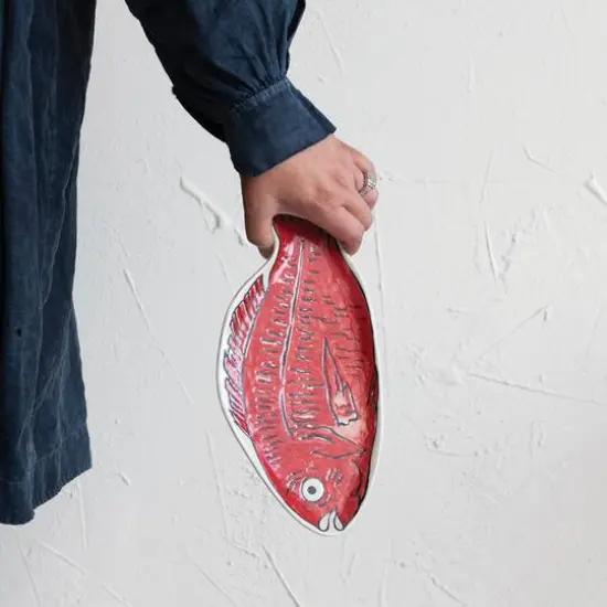 Hello Honey&reg; 12.5" Red Stoneware Fish Shaped Plate with Wax Relief Illustration {3}