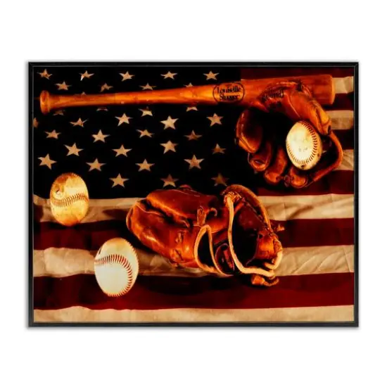Stupell Industries Vintage American Flag Baseball Photo Framed Giclee Art Black {1}