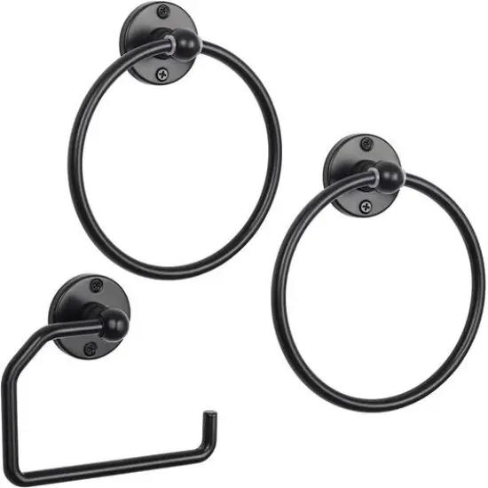 Stainless Steel Towel Rings & Toilet Paper Holder Set Black {2}
