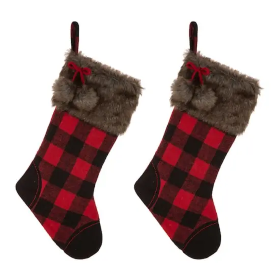 Glitzhome&reg; 21" Black And Red Buffalo Plaid Pompom Stocking, Set Of 2 {1}