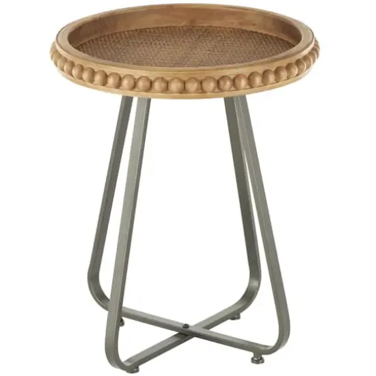 20.5" Brown Wood Beaded Accent Table with Rounded Gray Metal Base & Rattan Accent {1}