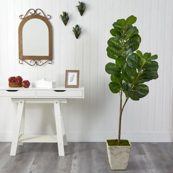 5.5ft. Fiddle leaf Fig Artificial Tree in Country White Planter {4}