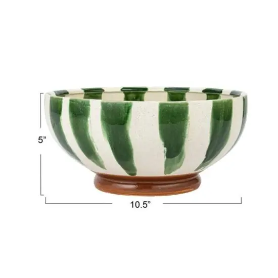 Hello Honey&reg; 10.5" Round Hand-Painted Stoneware Footed Bowl with Stripes & Reactive Glaze {8}
