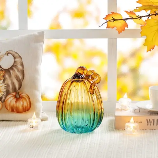 Glitzhome&reg; 7" Gradient Turquoise Glass Pumpkin {4}