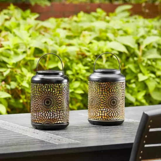 Glitzhome&reg; 8.75" Metal Cutout Solar Powered Hanging Lantern Set Black {4}