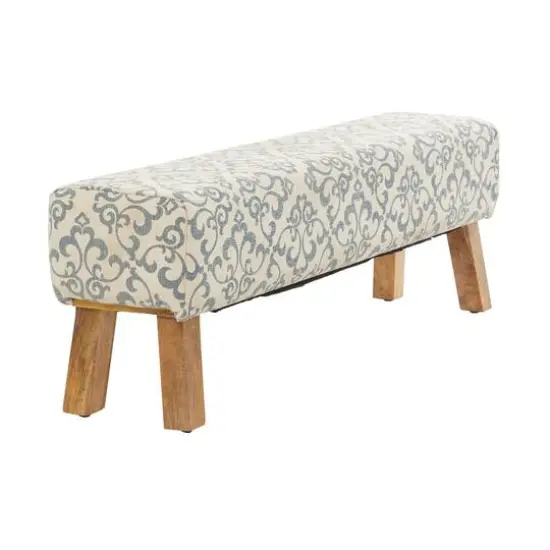 50" Cream Fabric Arabesque Scroll Bench with Wood Legs {3}