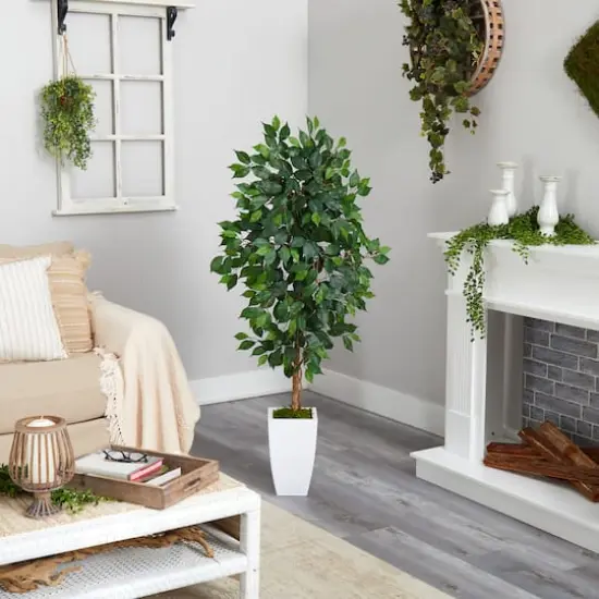 4.5ft. Ficus Artificial Tree in White Metal Planter {5}