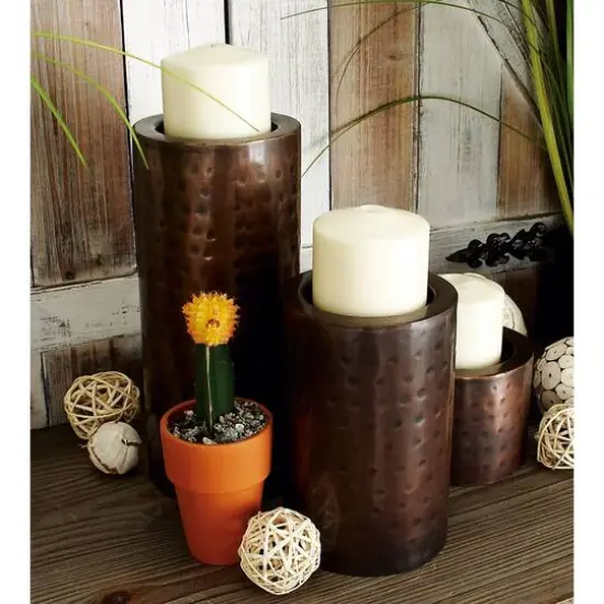 Brown Metal Industrial Candle Holder Set {7}