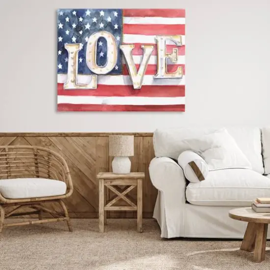 Stupell Industries Vintage Love Text Over Stitched American Flag Canvas Wall Art {3}