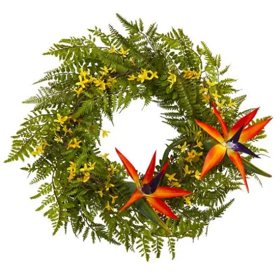 24'' Fern, Forsythia & Bird of Paradise Wreath {1}