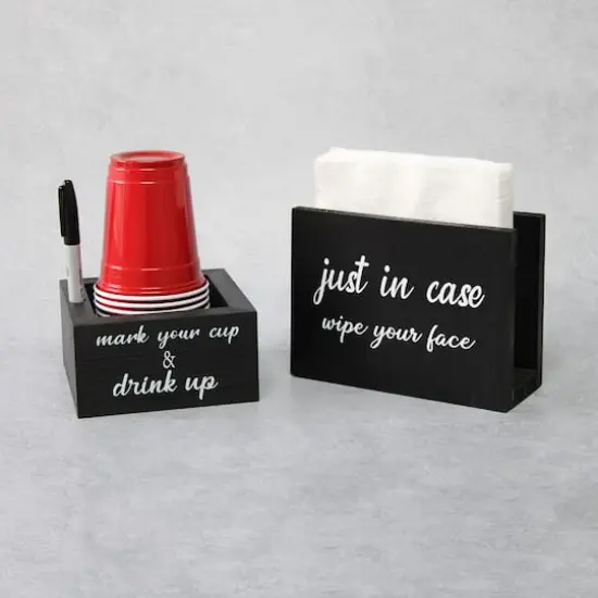 Elegant Designs&trade; Napkin Holder and Cup Holder Set with Black with White Script {5}
