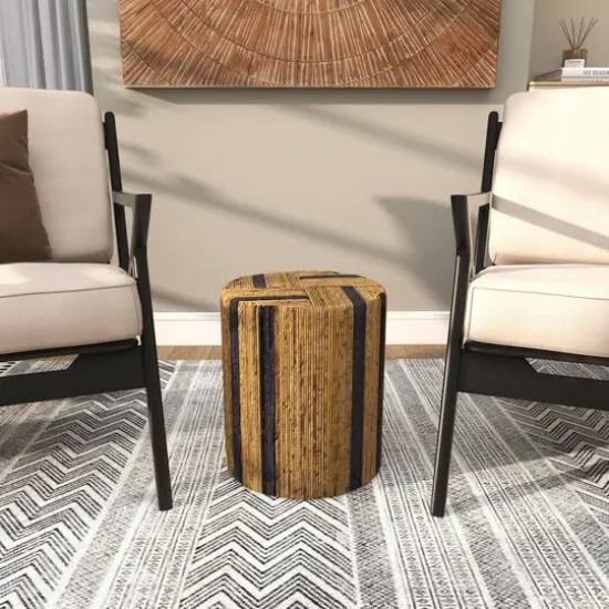 Brown Banana Leaf Handmade Linear Wrapped Accent Table with Navy Stripes {13}