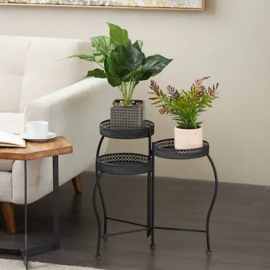 20" Metal Curved Folding 3-Tier Plant Stand with Floral & Scroll Patterns Black {3}