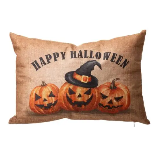 Glitzhome&reg; Faux Burlap Happy Halloween Pumpkin Pillow {1}