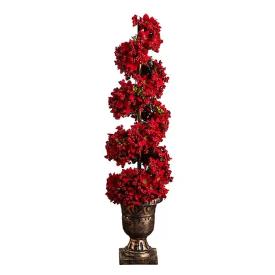 3ft. Pre-Lit Artificial Christmas Poinsettias and Berries Spiral Topiary Tree with 30 Warm White LED Lights {1}