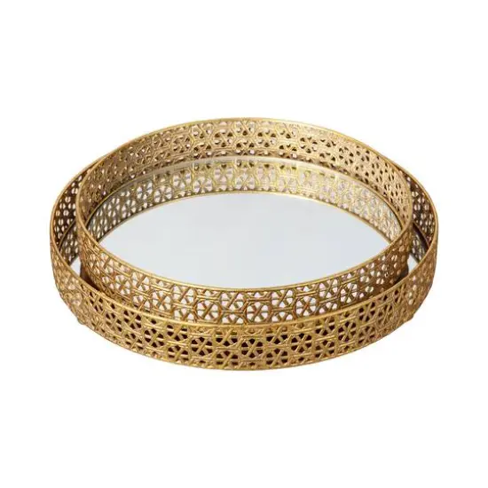 Glitzhome&reg; Gold Round Metal Mirrored Decorative Trays Set {7}