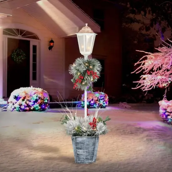 4ft. Pre-Lit Flocked Artificial Pine Lamp Post, Warm White LED Lights {3}