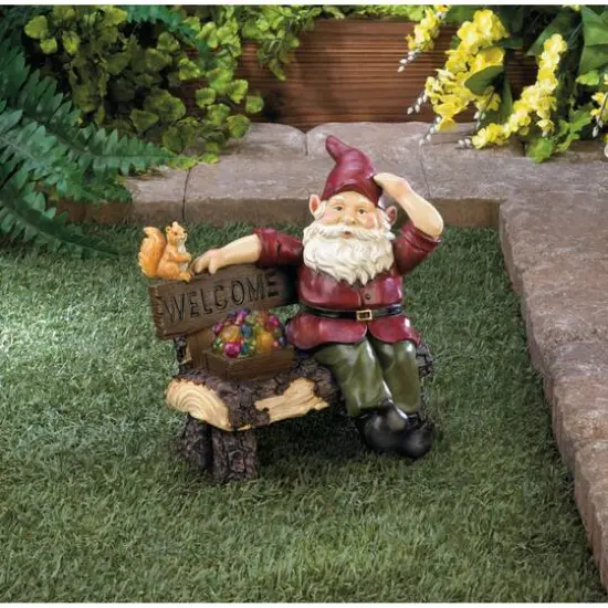 9" Solar Gnome on Welcome Bench {3}