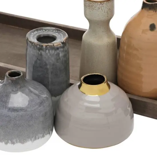 Hello Honey&reg; Multicolor Reactive Glaze Mango Wood Tray With Taper Holder & 4 Vases Set {4}