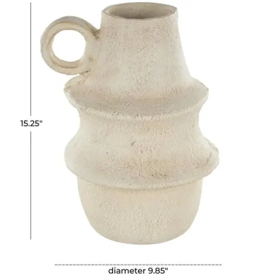 15.25" Cream Textured Paper Mache Fluted Vase with Ring Handle {10}