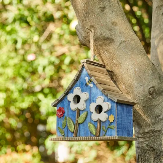 Glitzhome&reg; 10.5" Distressed Wood Birdhouse with Flowers {3}