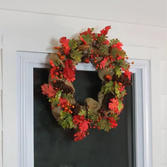 18" Unlit Autumn Harvest Acorn, Berry & Burlap Rustic Thanksgiving Wreath {3}