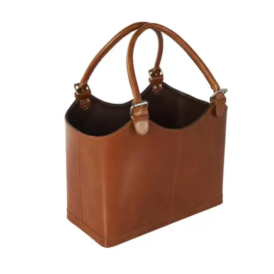 20" Brown Leather Handmade Box Style Single Slot Decorative Magazine Holder with Curved Buckle Handles {4}
