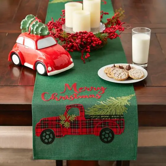 DII&reg; 70" Green Merry Christmas Truck Embroidered Table Runner {9}