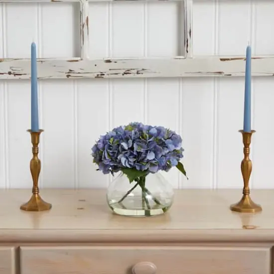 9" Blue Hydrangea Arrangement in Glass Vase {4}