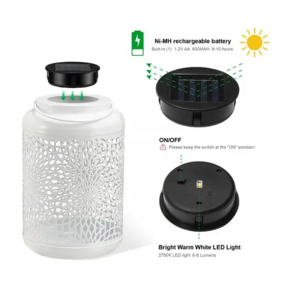 Glitzhome&reg; 9" Cutout Metal Solar Powered Outdoor Hanging Lantern White {8}