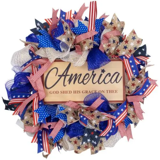 18" America God Shed His Grace on Thee Patriotic Bow Wreath {1}