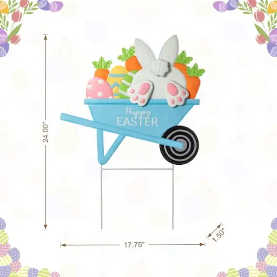 Glitzhome&reg; 24" Metal Easter Wheel Barrow Yard Stake {9}