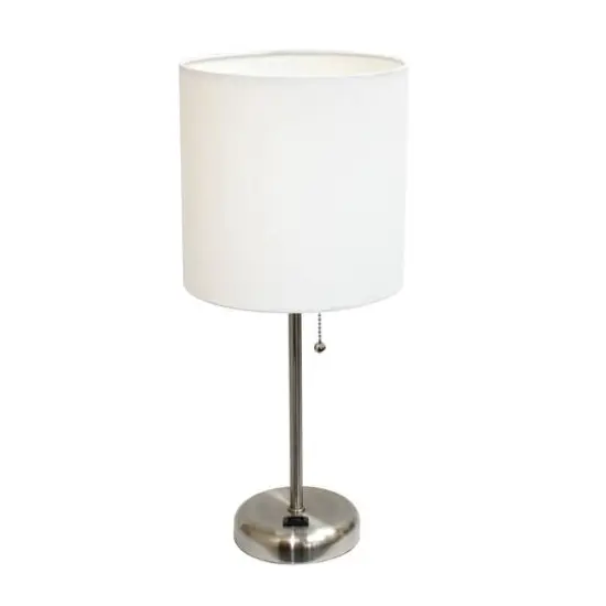 LimeLights 19.5" Stick Lamp with Charging Outlet and Fabric Shade Brushed Steel and White {1}