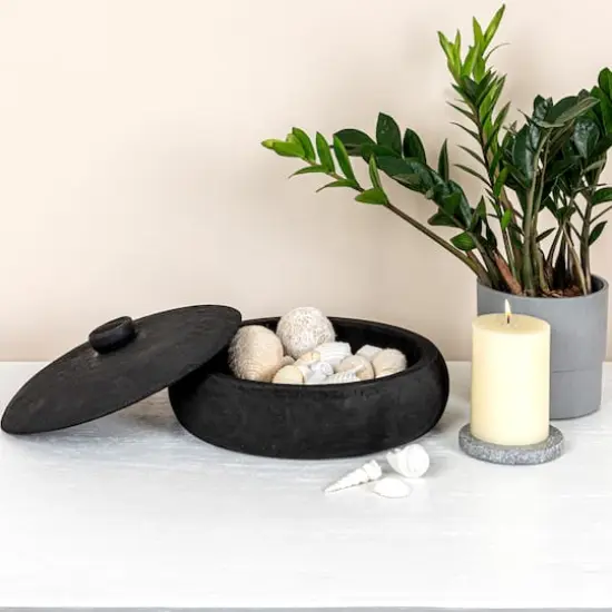 Hello Honey&reg; 11.5" Black Decorative Paulownia Wood Container with Lid {3}