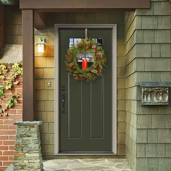 24" Feel Real&reg; Bristle Berry Wreath with Red Electronic Candle, Red Berries & Cones {3}