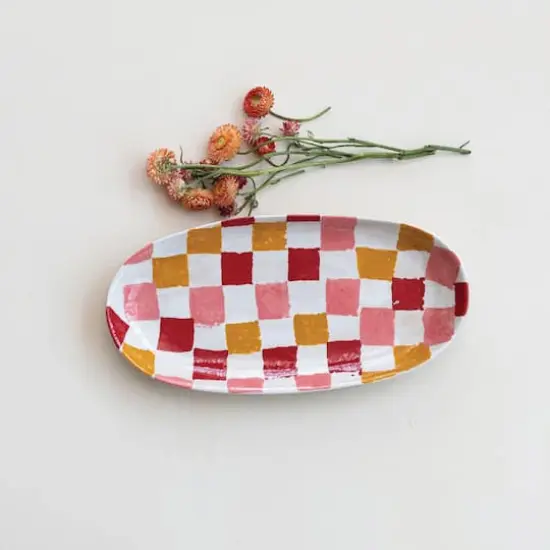 Hello Honey Oval Hand-Painted Stoneware Platter with Check Pattern, Multicolor {3}