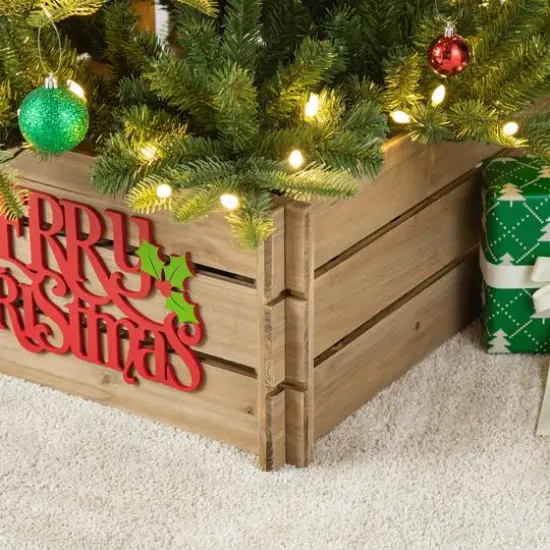 Glitzhome&reg; Merry Christmas Wood Crate Tree Collar {6}