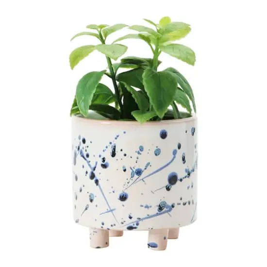 Hello Honey&reg; 6" White & Blue Splatter Design Stoneware Footed Planter {6}