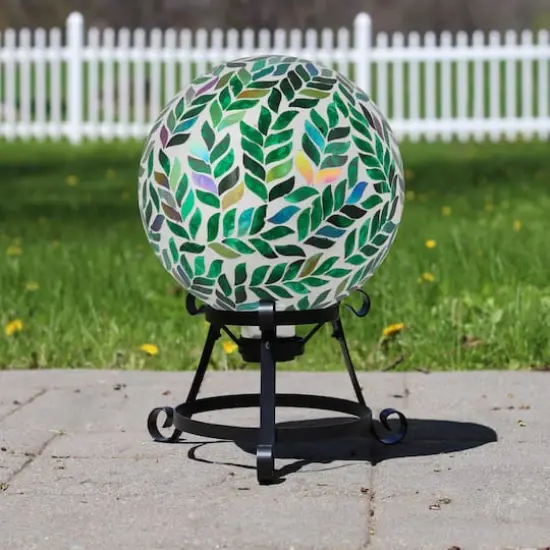 10" White & Green Mosaic Iridescent Leaves Outdoor Garden Gazing Ball {3}