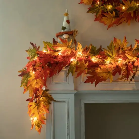 Glitzhome&reg; 6ft. Fall Lighted Maple Leaves Garland with Timer {11}