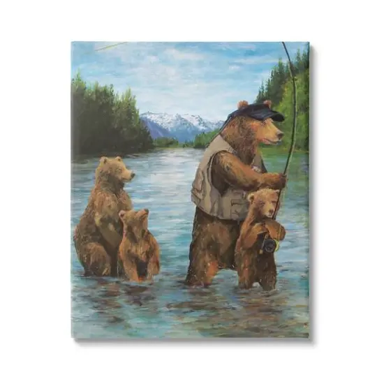 Stupell Industries Brown Grizzly Bear Family Fishing Mountain Lake Landscape Canvas Wall Art {1}
