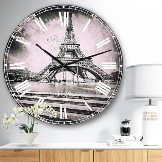 Designart 'Paris Eiffel Towerin Gray Shade French Country Wall Clock {3}