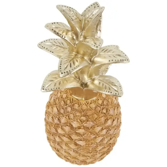 13" Gold Textured Pineapple Fruit Sculpture with Carved Top {5}