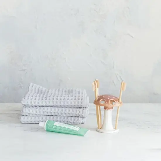 Hello Honey&reg; 5" Brown & White Mushroom Motif Stoneware Toothbrush Holder {4}