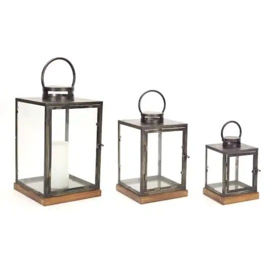 Natural and Pewter Wood, Metal & Glass Lantern Set, 12'', 16.5'' & 21.5'' {1}