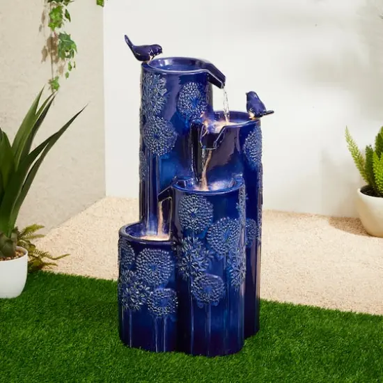 Glitzhome&reg; 31.75" Cobalt Blue 4-Tier Dandelion Texture Vase-Shaped Ceramic Outdoor Fountain with LED Light {3}