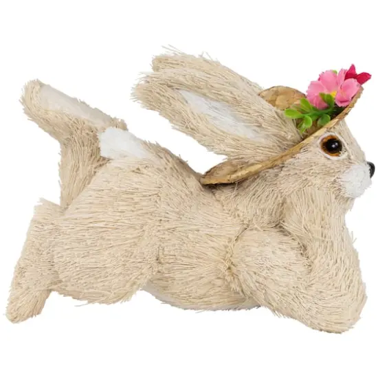 8.75" Beige Rabbit with Floral Straw Hat Easter Figurine {5}