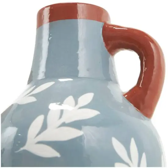 9" Blue Ceramic Floral Vase with Terracotta & White Detailing Set {7}