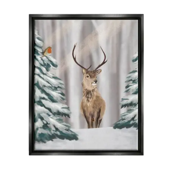 Stupell Industries Seasonal Deer Winter Landscape Framed Floater Canvas Wall Art Black {1}